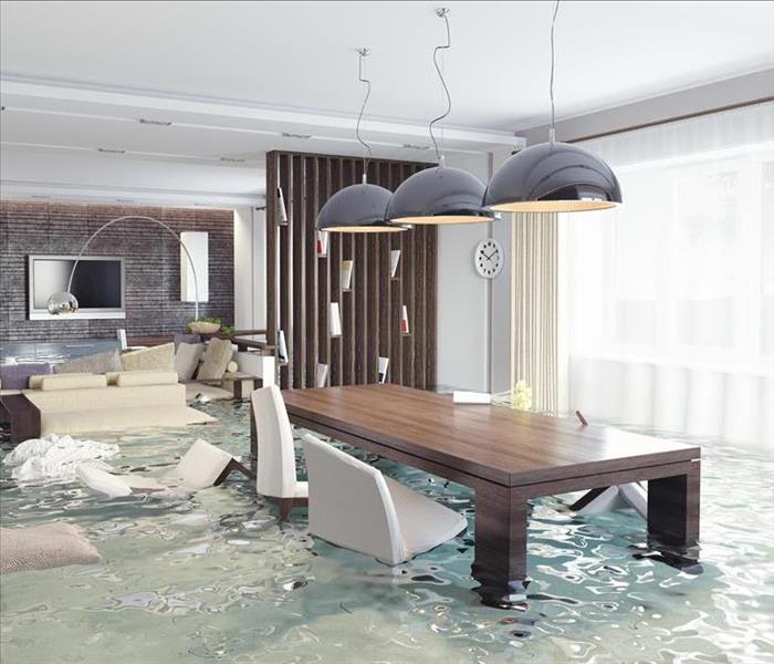Image of a living room flooded with water.